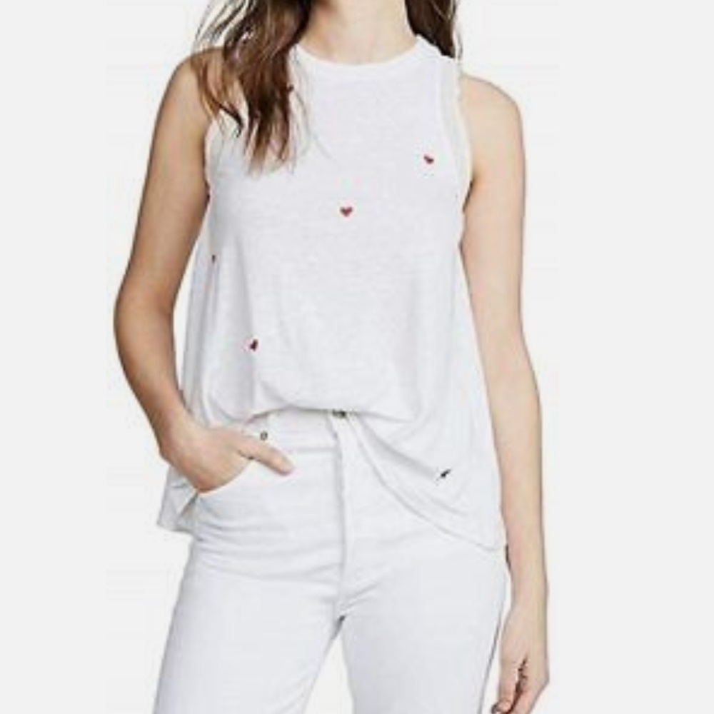 Sundry white tank with embroidered red hearts and navy stars